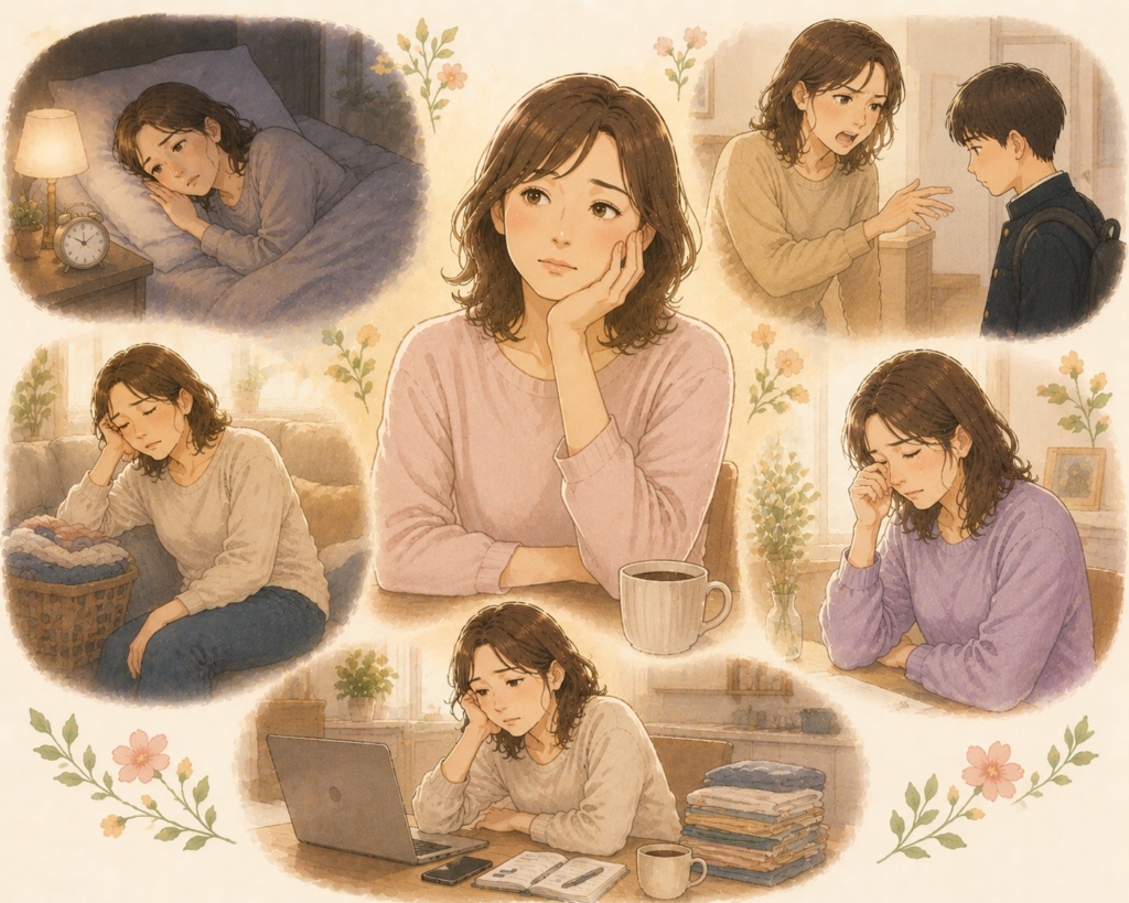 40代前後の女性が、疲れ・不眠・イライラ・気分の落ち込みなどの不調を感じている様子をまとめたイラスト