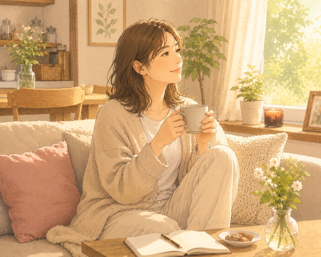 温かい部屋で、飲み物を飲みながら少し肩の力を抜いて過ごす40代女性のイラスト