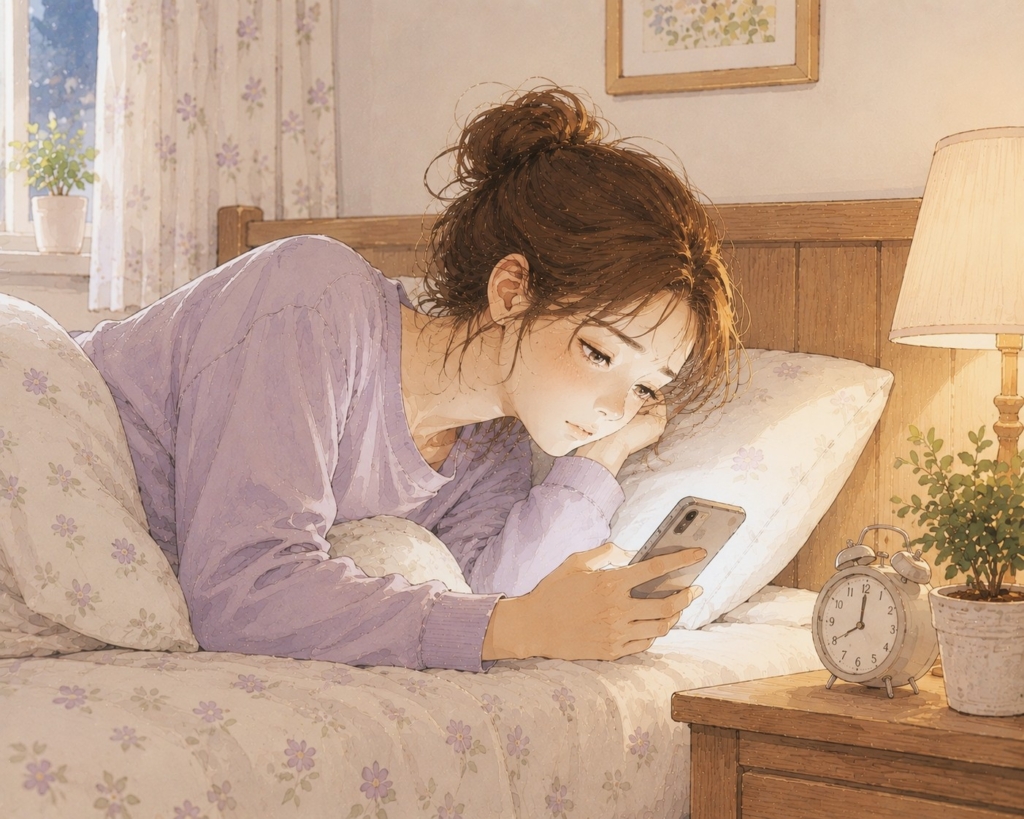 夜のベッドで眠れず、スマホを見ながら横になる40代女性のイラスト