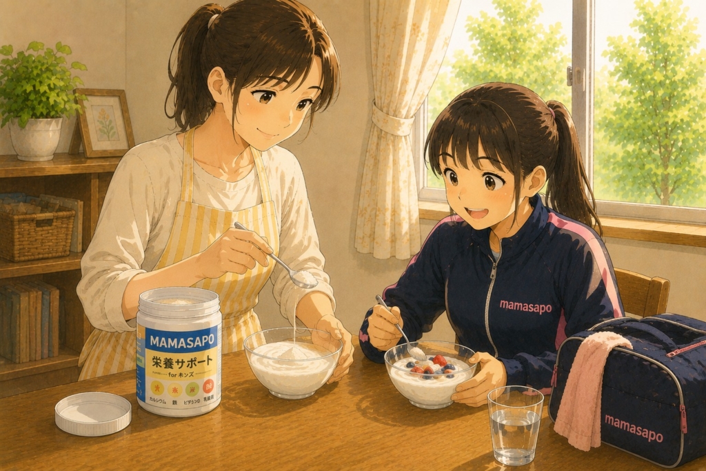 ヨーグルトにサプリを混ぜて栄養補給する部活女子と母親のイラスト