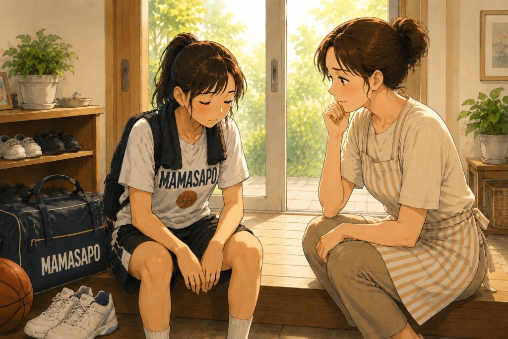部活を頑張る女の子を心配そうに見つめる母親のイラスト