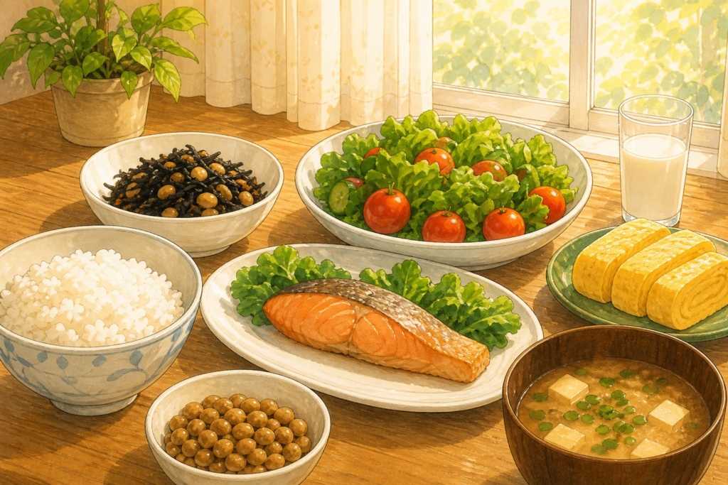 部活を頑張る子どものための栄養バランスを意識した食事のイラスト