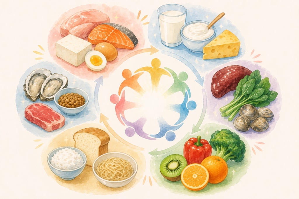 たんぱく質や鉄分などの栄養がチームのように助け合うイメージイラスト