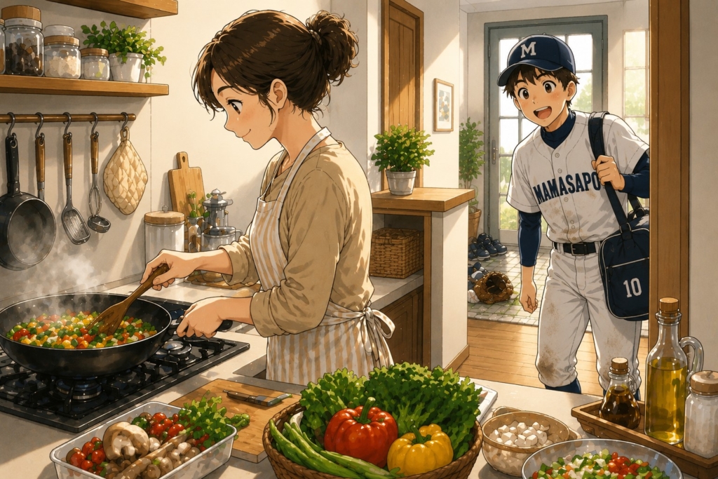 部活帰りの男の子と栄養バランスを意識した手料理を作る母親のイラスト