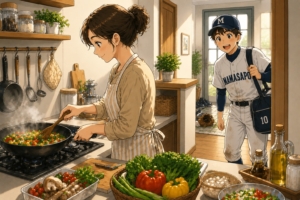 部活帰りの男の子と栄養バランスを意識した手料理を作る母親のイラスト