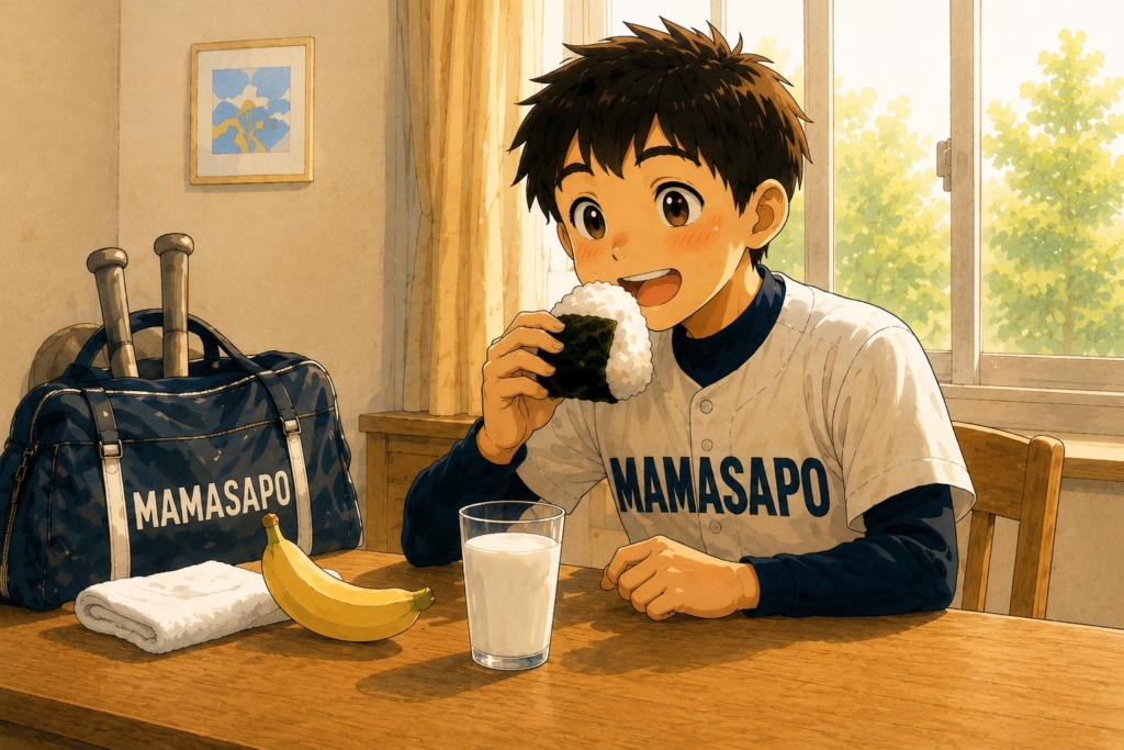 部活後におにぎりや牛乳で栄養補給する男の子のイラスト
