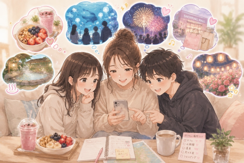 スマホを見ながら、中学生の娘と息子と一緒にお出かけ先を考えるママのイラスト
