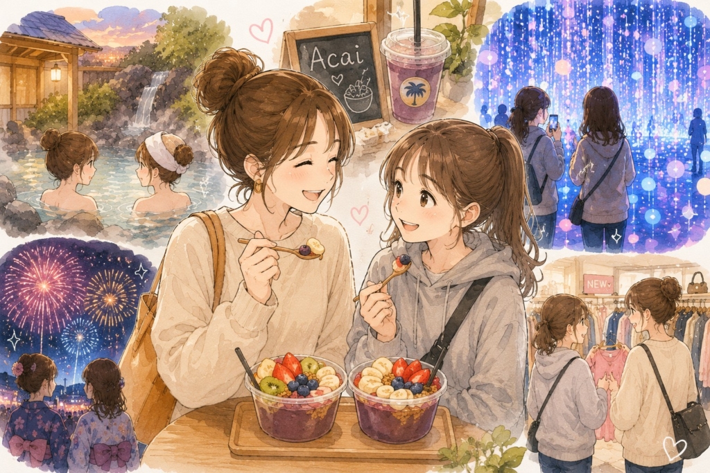 中学生の子どもと温泉や映えスポット、花火大会などを楽しむ親子のお出かけイラスト