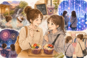 中学生の子どもと温泉や映えスポット、花火大会などを楽しむ親子のお出かけイラスト