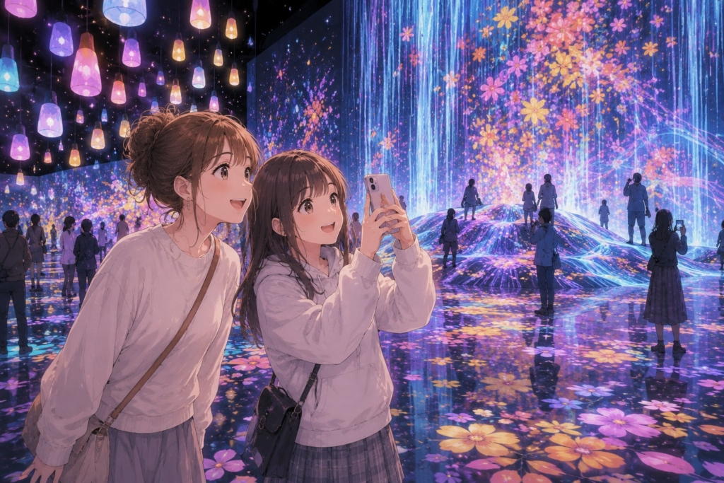 幻想的な光と映像の体験型アート空間で、中学生の娘が写真を撮りながら親子で楽しんでいるイラスト