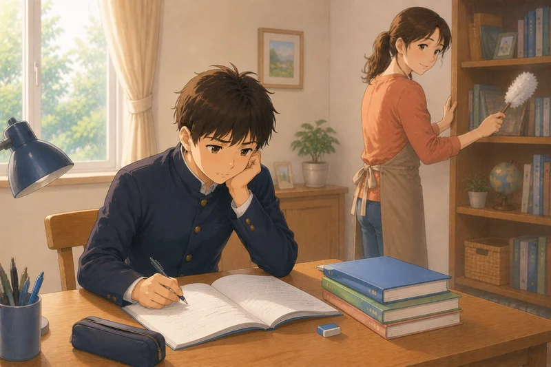 勉強中の中学生の息子を気にかけながら家事をする母親のイラスト