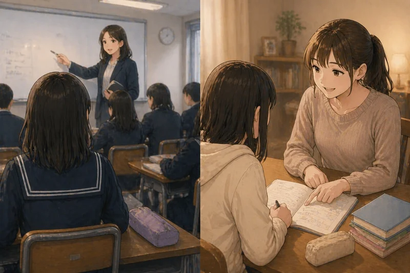 左に集団授業で前を向く中学生と先生のイラスト、右に家庭教師と中学生がマンツーマンで勉強しているイラスト