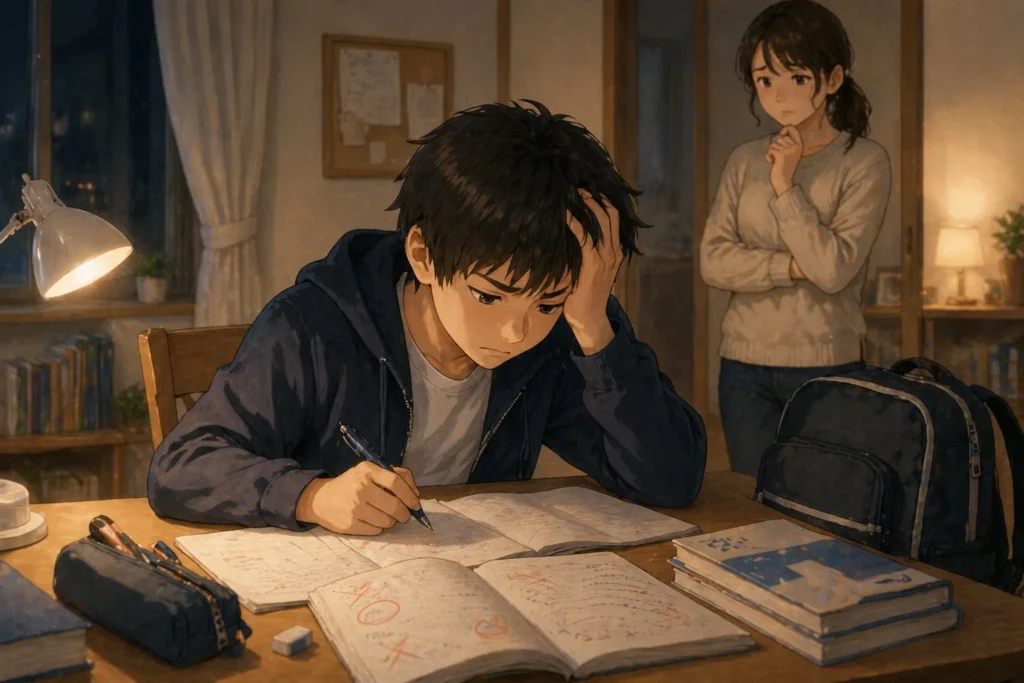 自宅で頭を抱えながら勉強する中学生の男の子と、後ろで心配そうに見守るママのイラスト