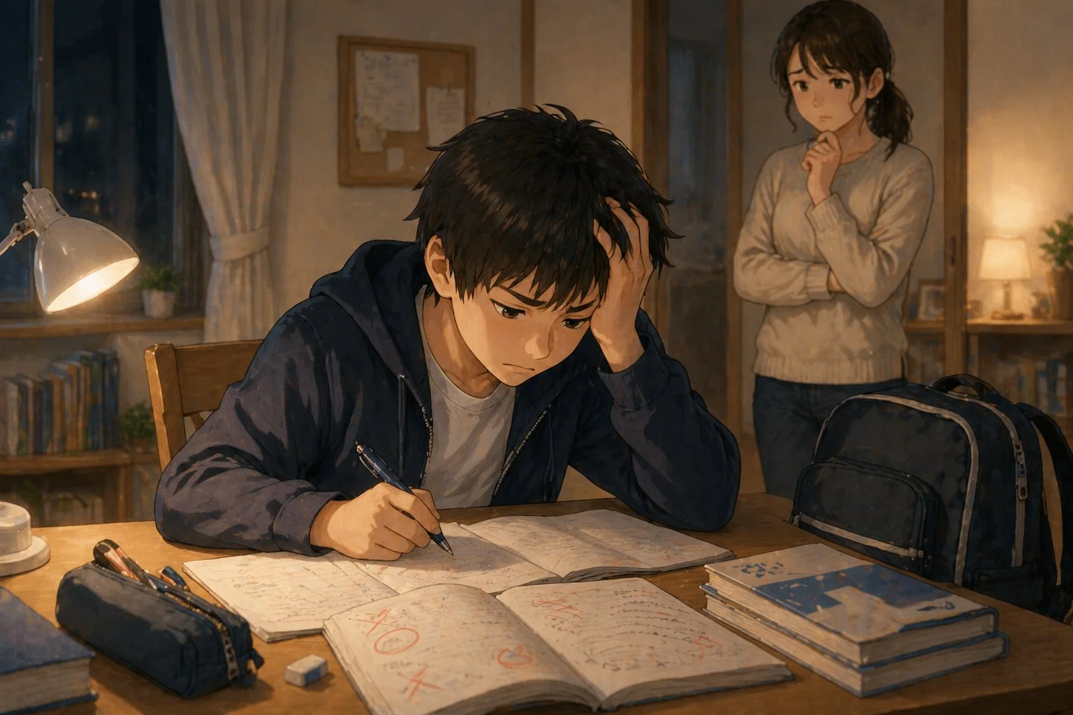 自宅で頭を抱えながら勉強する中学生の男の子と、後ろで心配そうに見守るママのイラスト