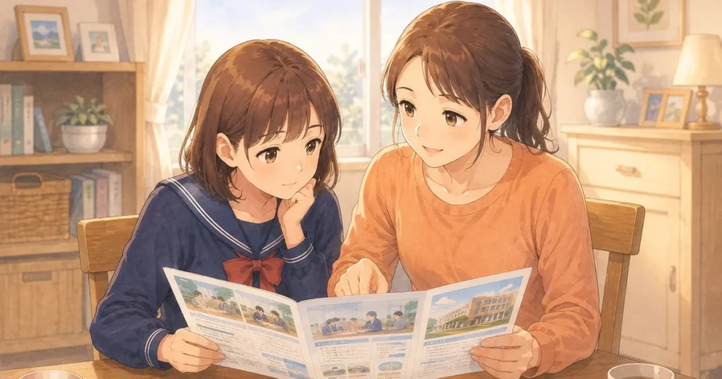 塾・家庭教師選びのパンフレットを一緒に見ている母親と中学生の女の子のイラスト