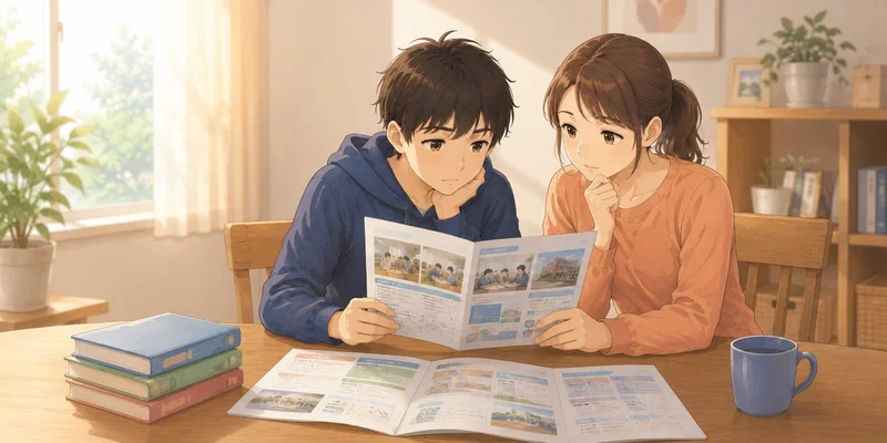 塾・家庭教師選びのパンフレットを一緒に確認している母親と息子のイラスト
