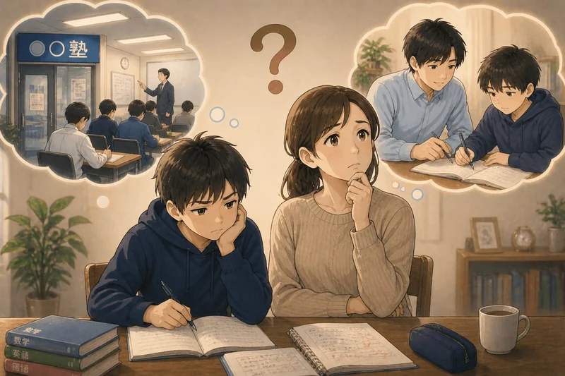 塾と家庭教師どちらにするか悩む中学生の男の子とママのイラスト。思考バブルに塾の授業風景と家庭教師のマンツーマン指導が描かれている