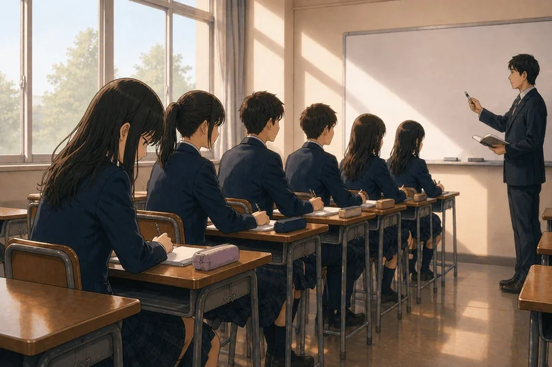集団塾の授業で先生の方を向いて座る中学生たちのイラスト