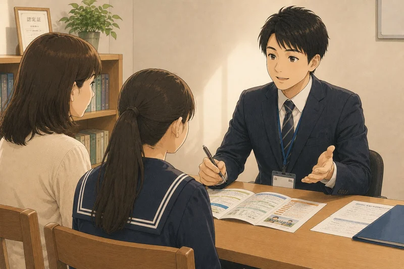 塾の担当者と面談している母親と中学生の女の子のイラスト