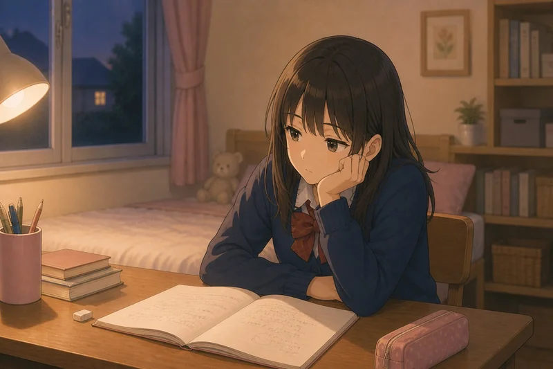 夜、自室で頬杖をつきながら勉強が手につかない様子の中学生の女の子のイラスト