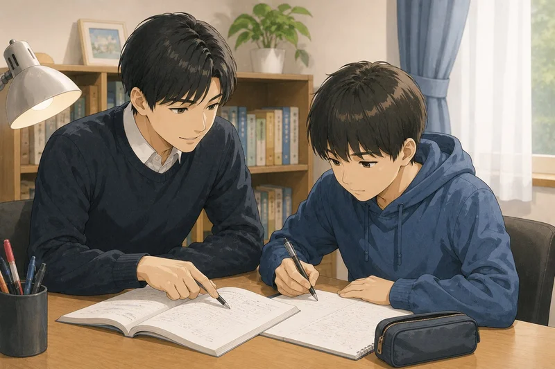 家庭教師が中学生の男の子に1対1でノートを使って教えているイラスト