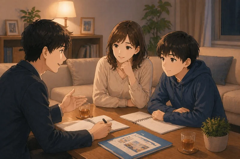 自宅のリビングで家庭教師の先生とママと中学生の男の子が笑顔で相談しているイラスト