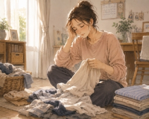 家事をしながら疲れを感じる40代前後のママのイメージ