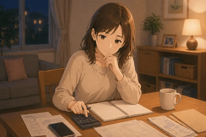 夜、電卓とノートを前に教育費について真剣に考えるママのイラスト