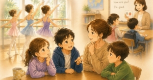 バレエ教室と英会話教室、子どもたちの習い事の違いを表したイラスト
