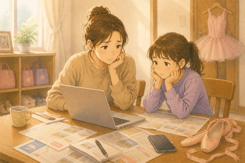 バレエ教室を探すママと娘のイラスト