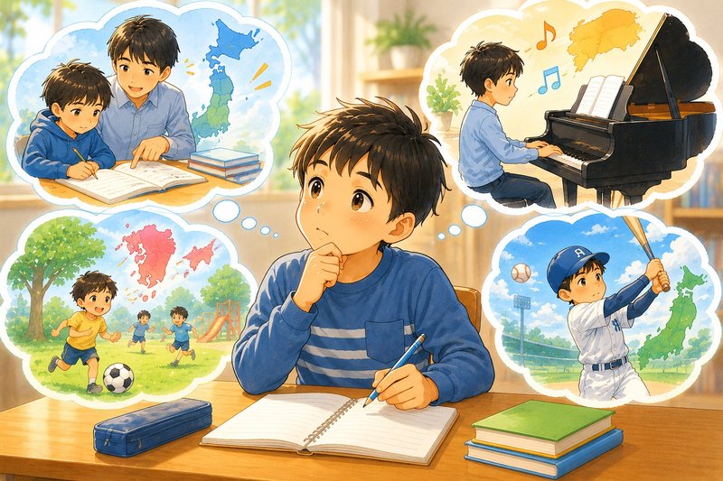 地域によって異なる子どもの習い事を考える男の子のイラスト