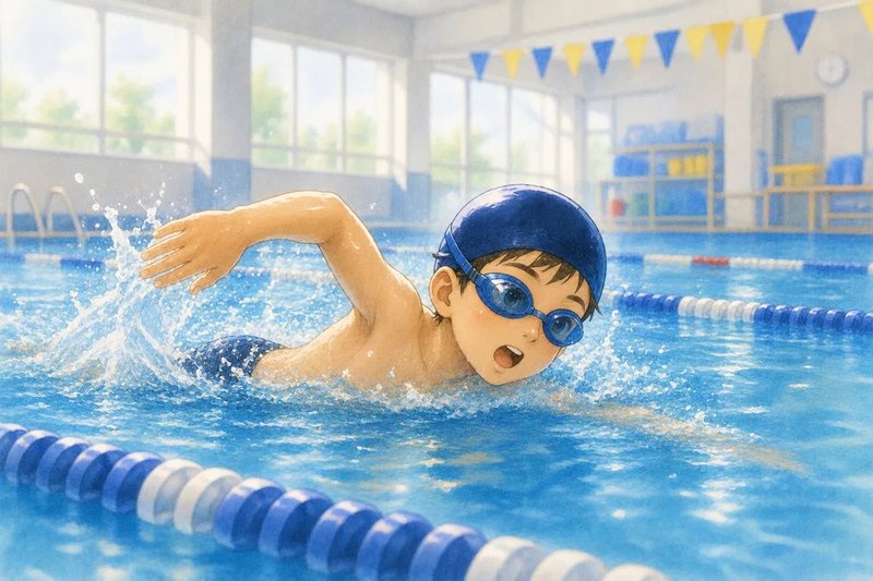 スイミングスクールで泳ぐ子どものイラスト