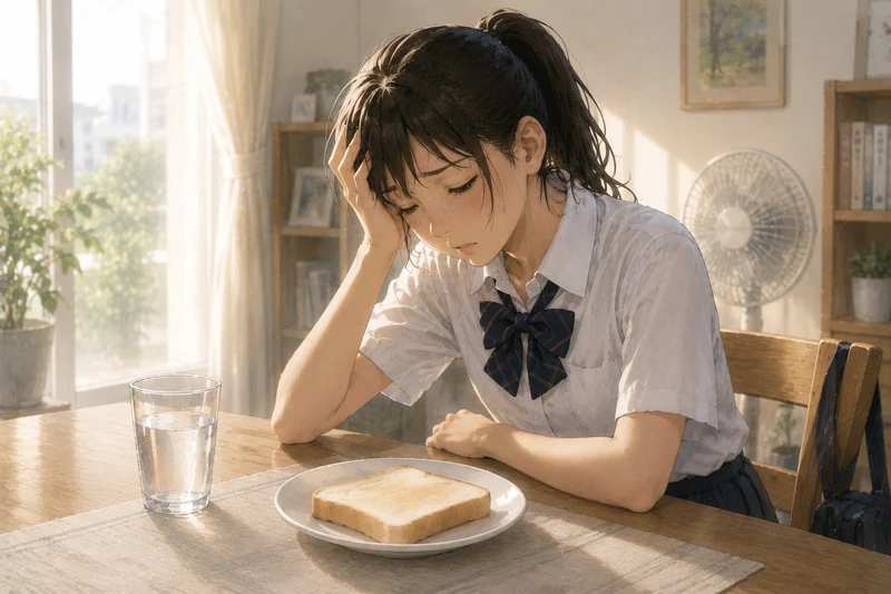 暑さで食欲がなく朝ごはんが食べられない女子中学生のイラスト