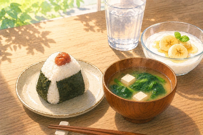 梅おにぎり・みそ汁・バナナヨーグルトが並ぶ熱中症対策の朝ごはんイラスト