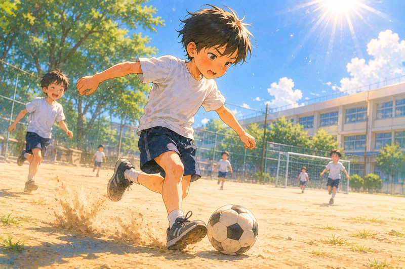 炎天下でサッカーをする子どもたちのイラスト