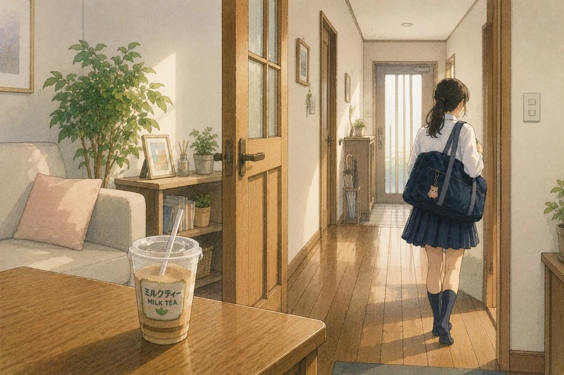 朝ごはんを食べずに甘い飲み物だけ持って学校へ向かう女子中学生のイラスト