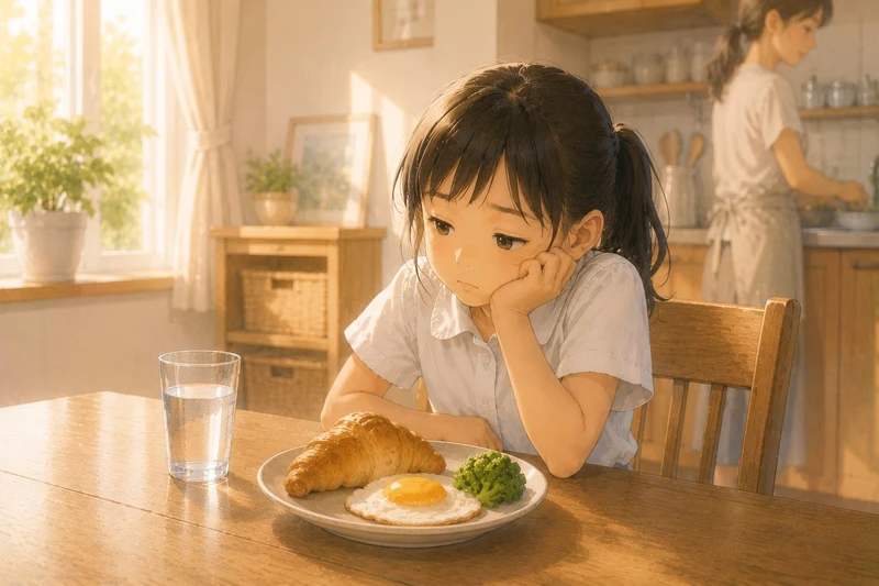 朝ごはんを前に食欲がない子どもと、キッチンで準備するお母さんのイラスト