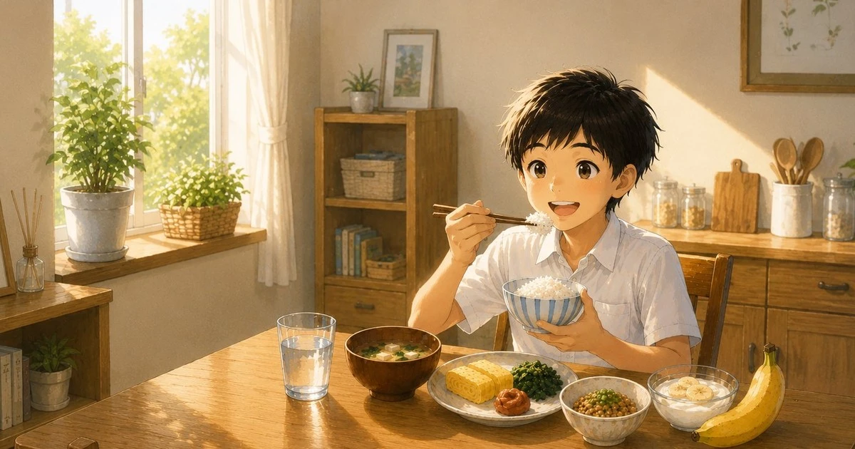 朝ごはんをしっかり食べる中学生の男の子。ごはん・みそ汁・バナナヨーグルトが並ぶ食卓