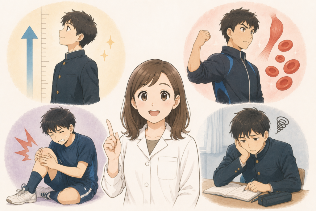 成長期の部活男子に必要な栄養について説明する栄養士のイラスト