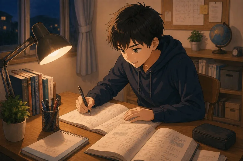 夜、自室でノートに向かって集中して自主学習に取り組む中学生の男の子のイラスト
