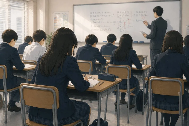 先生が黒板で授業をする集団学習型の塾の教室イラスト