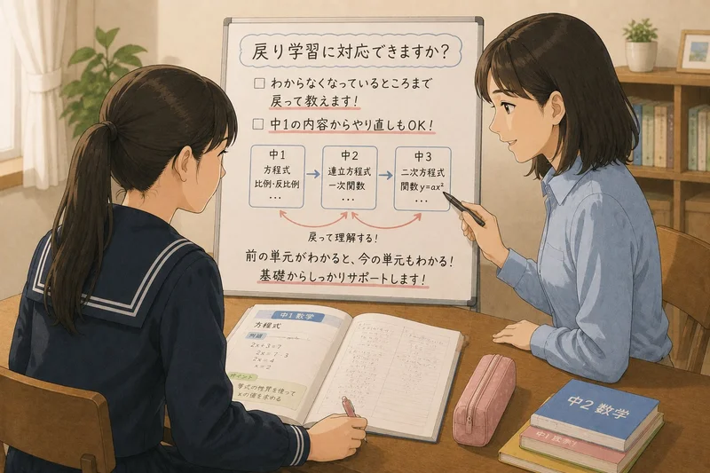 家庭教師が中1から中3の数学のつながりをホワイトボードで説明しているイラスト