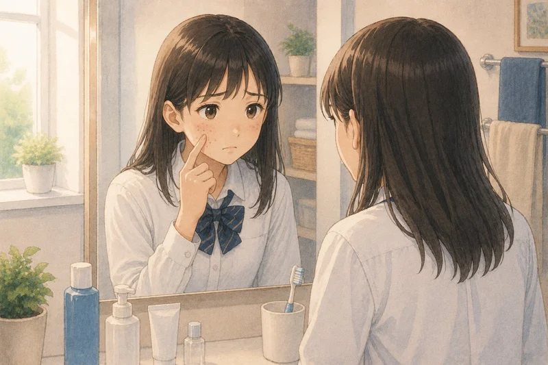 洗面台の鏡を見ながらニキビが気になる様子の中学生女子のイラスト