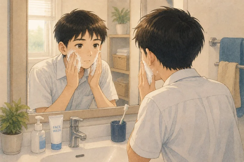洗面台で泡立てた洗顔料で顔を洗う中学生男子のイラスト