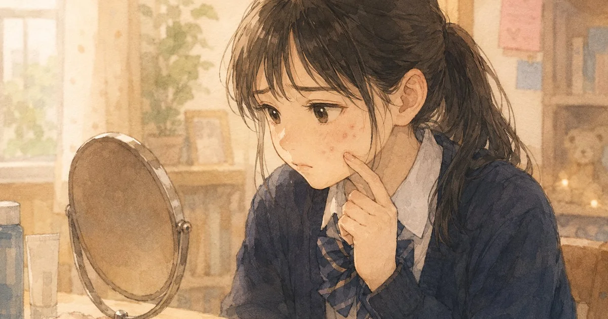 鏡を見ながらニキビが気になる様子の中学生の女の子のイラスト