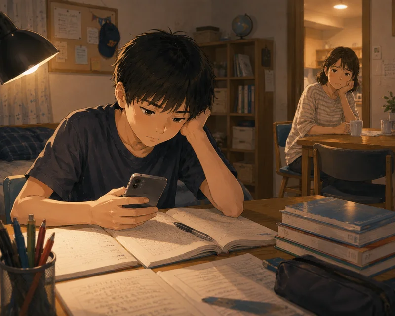 勉強机でスマホを見る中学生の男の子と、離れた場所から心配そうに見守るママ
