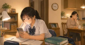 勉強机でスマホを見る中学生と、キッチンで心配そうに見守るママ