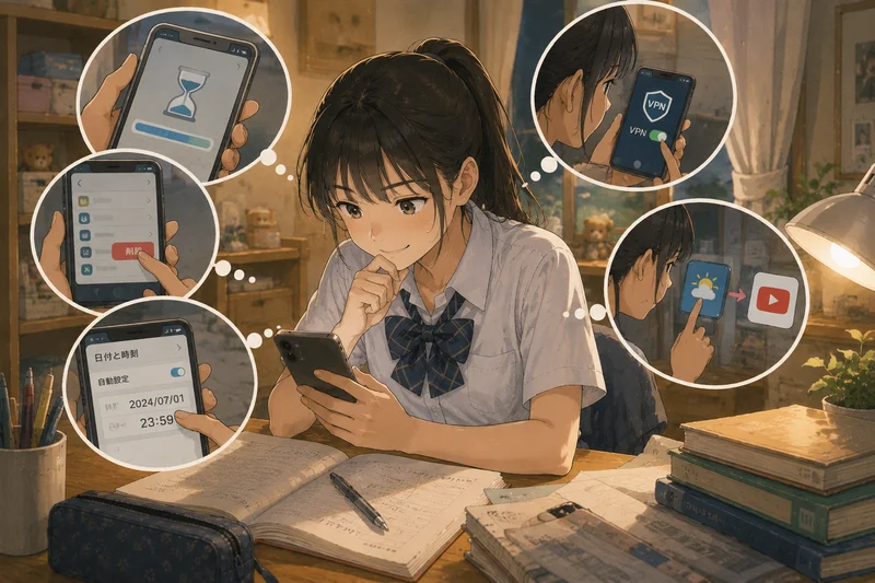 スマホ制限の抜け穴を考える中学生。スクリーンタイム・アプリ削除・日付変更・VPN・天気アプリ経由でYouTubeを見る方法が思い浮かんでいるイラスト
