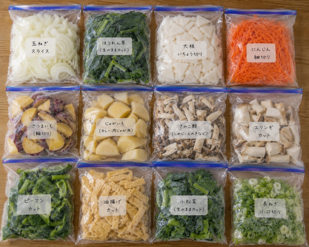 玉ねぎ、ほうれん草、大根、にんじん、さつまいも、じゃがいも、きのこ類、エリンギ、ピーマン、油揚げ、小松菜、長ねぎをカットして冷凍保存した野菜ストック
