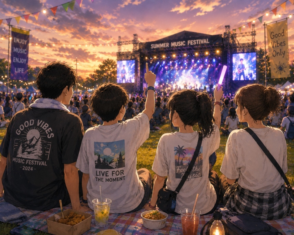 夕暮れの音楽フェス会場で、レジャーシートに座りながらステージを眺める家族4人の後ろ姿を描いたイラスト